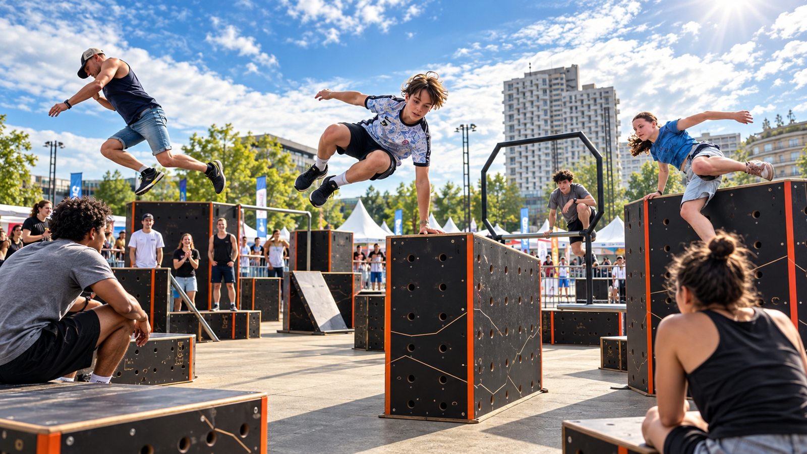 Illustration de plusieurs traceurs sur des modules de Parkour de type BRICS, dans une ambiance de rencontre sportive